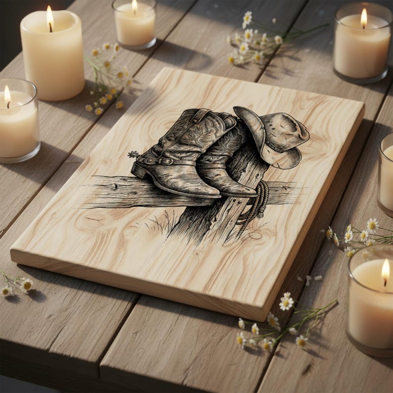 May include: A wooden art piece featuring a detailed black and white illustration of cowboy boots and a hat resting on a wooden fence. The artwork is set on a light-colored wooden surface, surrounded by lit candles and small white flowers.