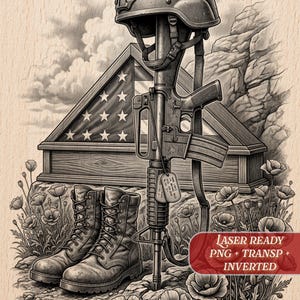 Fallen Soldier Memorial PNG Laser File | Wood Slate Plaque Sign | Glowforge xTool Diode CO2 | Pyrography Stencil