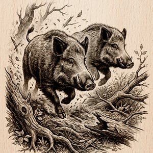 Könnte beinhalten: Schwarz-Weiß-Illustration von zwei Wildschweinen, die durch einen Wald laufen. Die Kunst zeigt detaillierte Schattierungen und stellt die Tiere mit sichtbaren Stoßzähnen und borstigem Fell dar, umgeben von Baumstämmen und Blättern.