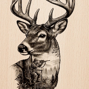 May include: Detailed black and white illustration of a deer with large antlers. Inside the deer's silhouette is a hunter in a tree stand, aiming a rifle at a forest scene. The text "Burnished Lines" and "LASER READY PNG" are at the bottom.
