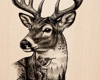 Whitetail Deer & Hunter Double Exposure | Hunting Gift | Laser Engraving File | Wood Burning Pattern
