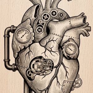 May include: Anatomical heart illustration with a steampunk design. The heart features gears, pipes, and two clocks. The image is in sepia tones, with steam rising from the top.