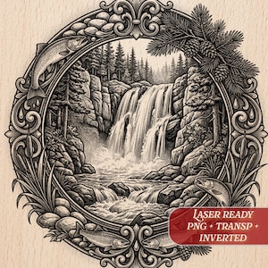 Waterfall Trout PNG Laser File | Wood Slate Plaque Coaster | Glowforge xTool Ortur CO2 | Pyrography Engraving Stencil