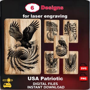 Op de afbeelding: Zes houten ontwerpen voor lasergraveren met patriottische Amerikaanse thema's. Ontwerpen omvatten een adelaar, het Vrijheidsbeeld en de Amerikaanse vlag. Tekst bevat "6 Designs", "USA Patriotic" en "July 4th Independence Day".