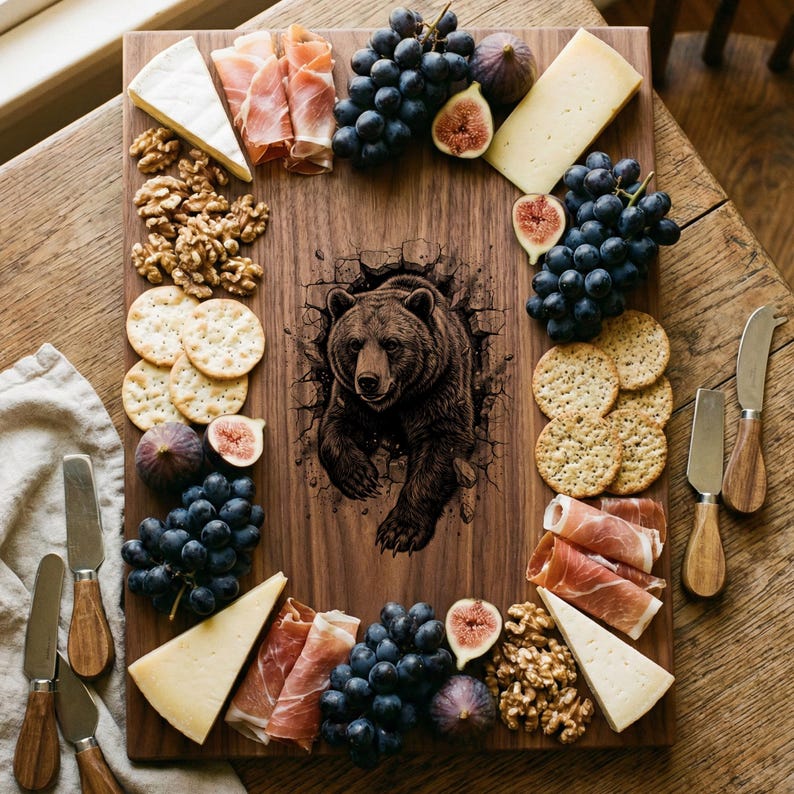 May include: A wooden charcuterie board featuring a detailed illustration of a bear breaking through a wall. The board is arranged with grapes, cheese, crackers, figs, walnuts, and prosciutto. Includes cheese knives.