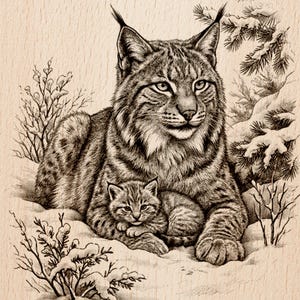 Może przedstawiać: Szczegółowa ilustracja w odcieniach sepii przedstawiająca rysia i jego młode w zaśnieżonym krajobrazie. Dorosły ryś z charakterystycznymi uszami leży obok swojego młodego. Dzieło oddaje zimową atmosferę i więź zwierząt.