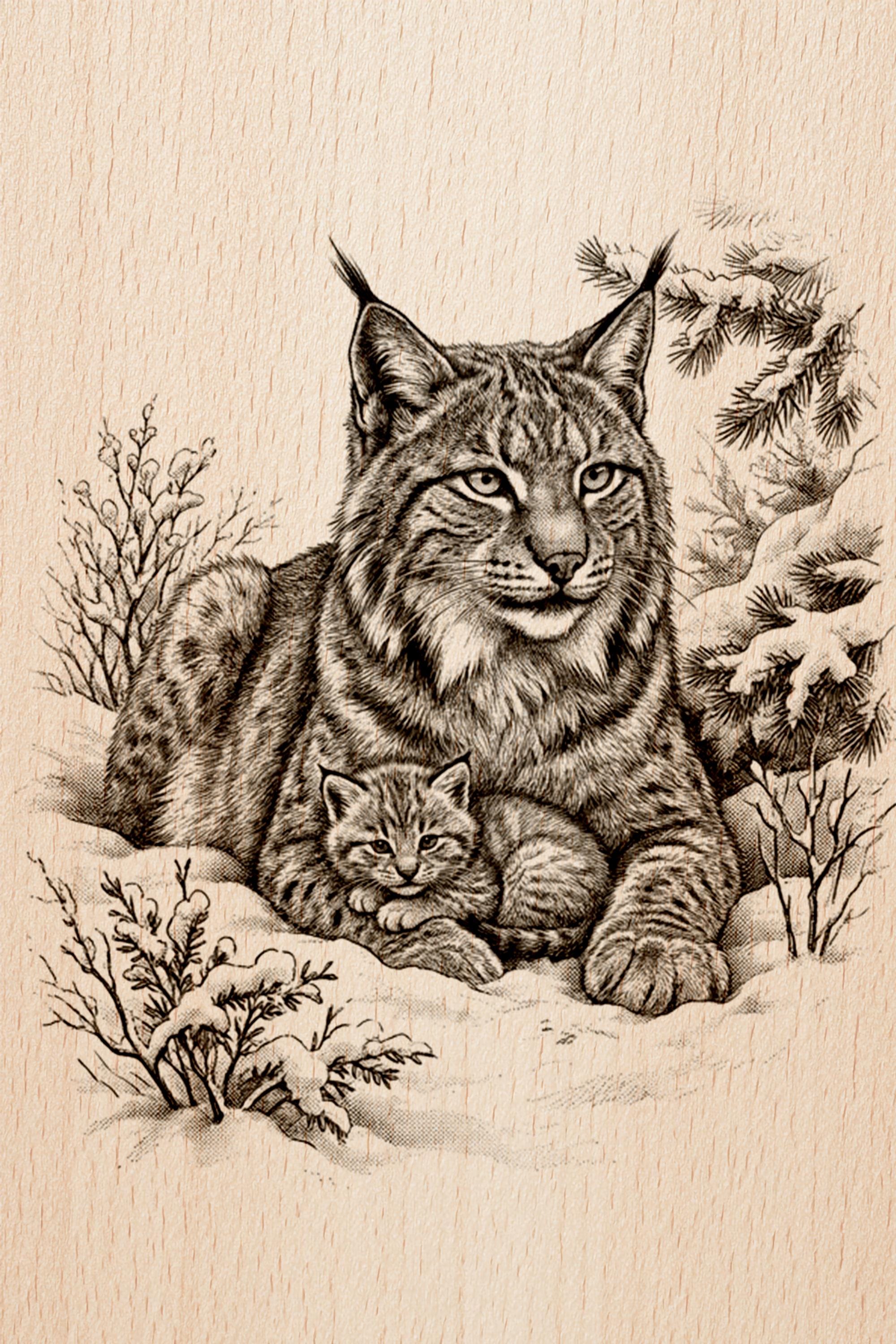 Lynx and Cub Laser Ready Art | Winter Wildlife Wood Burning