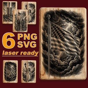 May include: A collection of six rectangular wooden plaques featuring laser-engraved designs of the American flag, the Statue of Liberty, the Twin Towers, and firefighters. The text 6 PNG SVG laser ready is displayed in large orange letters.