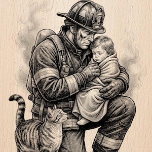 May include: A monochrome illustration depicting a firefighter kneeling, cradling a child in a blanket. A cat stands beside them, gazing upwards. The image features the text "Burnished Lines" and "LASER READY PNG".