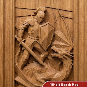 Puede incluir: Talla en relieve de madera que representa a un caballero con armadura luchando contra un dragón. El caballero sostiene una espada y un escudo, mientras que el dragón se muestra con la boca abierta. El texto "16-bit Depth Map Grayscale for Lightburn Inverted" es visible.