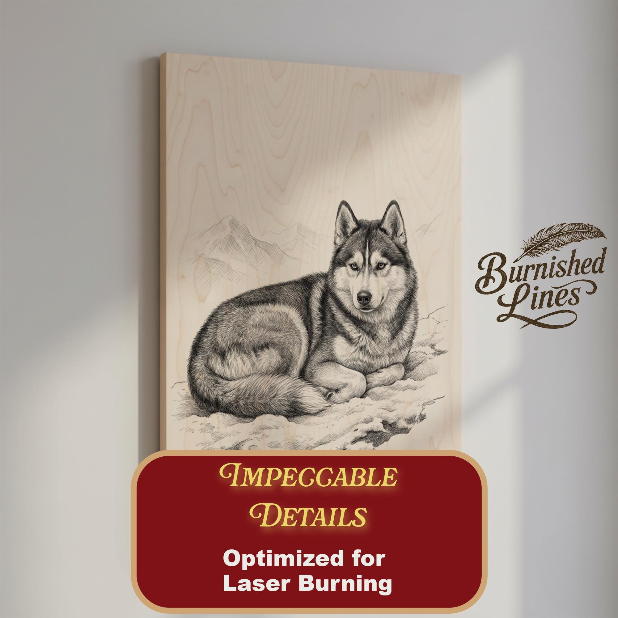 Siberian Husky Portrait | Winter Mountain Scene | Laser Engrave