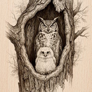 Puede incluir: Ilustración detallada en blanco y negro de dos búhos en el hueco de un árbol. Un búho grande está detrás de un búho pequeño, ambos con patrones de plumas detallados. La obra de arte está sobre un fondo claro de vetas de madera.