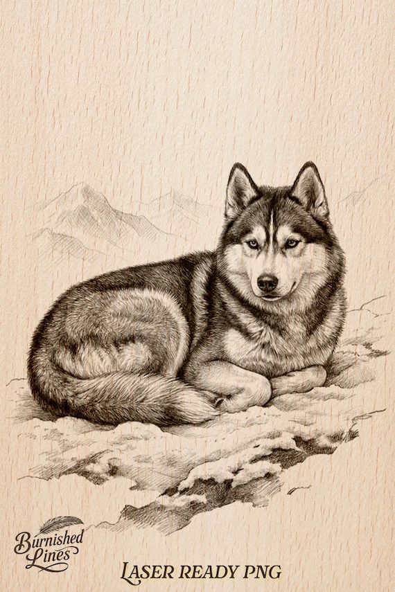 Siberian Husky Portrait | Winter Mountain Scene | Laser Engrave