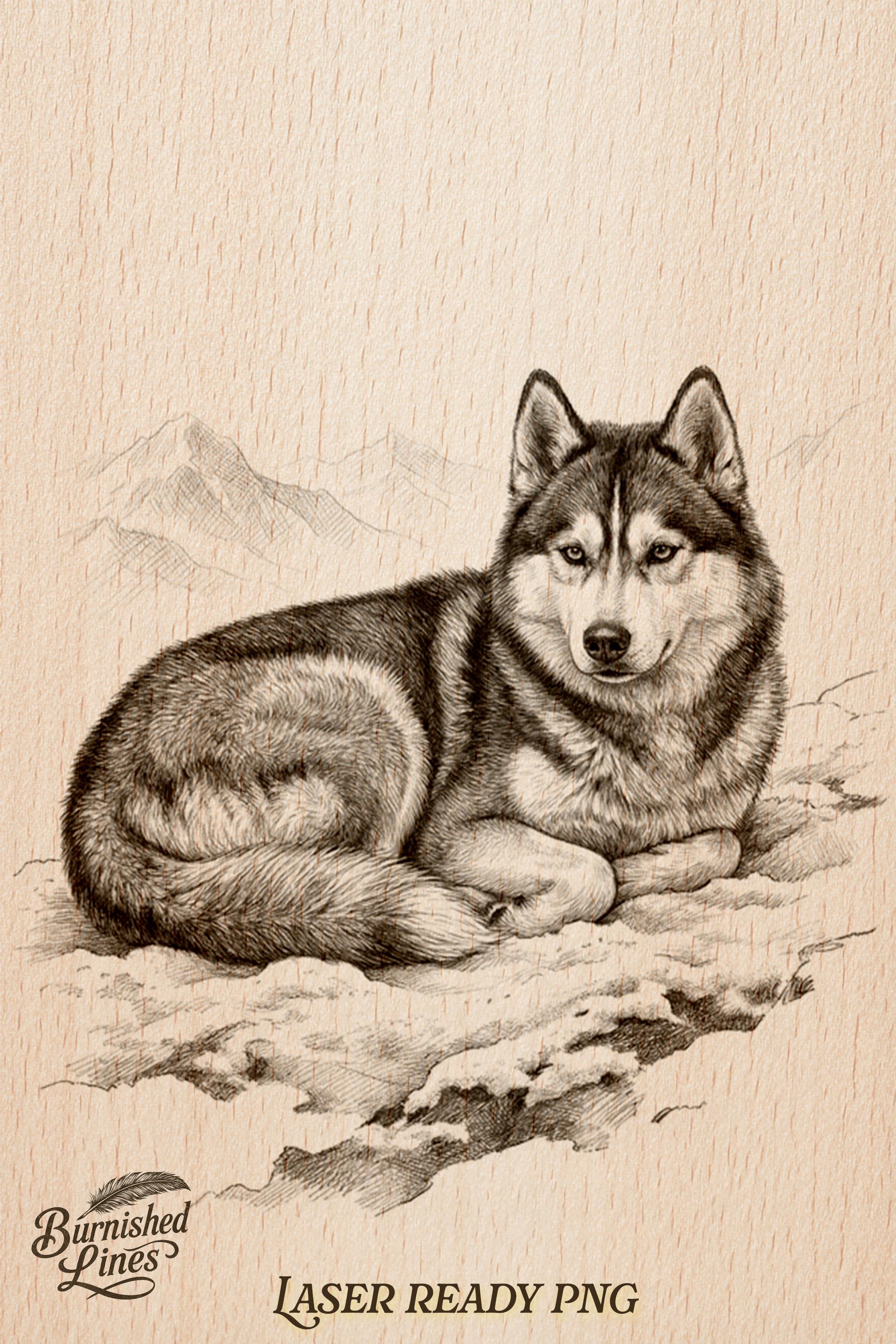 Siberian Husky Portrait | Winter Mountain Scene | Laser Engrave