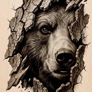 May include: A sepia-toned illustration of a bear's face emerging from a cracked wooden surface. The bear's fur is detailed, and its eye is focused. The image includes the text "Burnished Lines" and "LASER READY PNG".