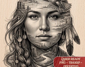 Native Woman Portrait | Desert Landscape Eagle | Laser Engraving Pyrography | PNG Digital Stencil