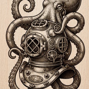 May include: Detailed sepia-toned illustration of an octopus wearing a vintage diving helmet. The octopus's tentacles wrap around the helmet, which features intricate gears, portholes, and a grid-like faceplate. The artwork has a steampunk aesthetic.