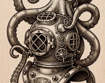 Steampunk Octopus Diver Engraving | Deep Sea Kraken Helmet Art | Nautical Industrial Laser File