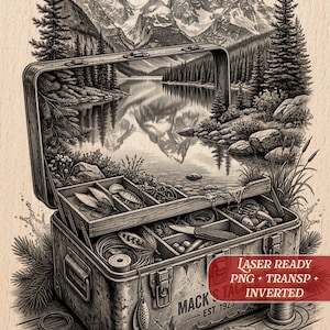 Vintage Tackle Box Mountain Lake | Fishing Nostalgia Art | Laser Engraving Pyrography | Digital PNG Template