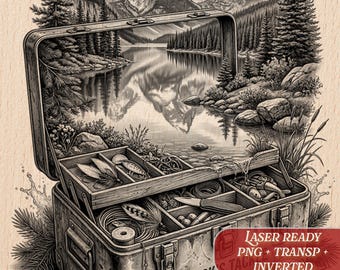 Vintage Tackle Box Mountain Lake | Fishing Nostalgia Art | Laser Engraving Pyrography | Digital PNG Template