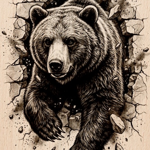 May include: A detailed illustration of a brown bear breaking through a stone wall. The bear's fur is textured, and the image includes the text "Burnished Lines" and "LASER READY PNG". The artwork is on a light brown background.