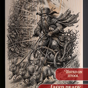Könnte beinhalten: Eine detaillierte Holzbrand-Illustration zeigt eine bärtige Figur in Umhang und Hut, die einen von Kaninchen gezogenen Wagen fährt. Das Kunstwerk, mit dem Text "Burnished Lines", ist laserfertig und in PNG, transparent, invertiert und SVG-Formaten verfügbar.