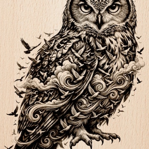 May include: Detailed black and white illustration of an owl with intricate feather and cloud patterns. Numerous birds are integrated into the design, creating a dynamic and artistic composition. The image is set against a light brown background.