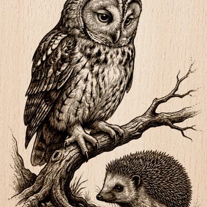 May include: Detailed black and white illustration of an owl perched on a tree branch, with a hedgehog below. The artwork is labeled "Burnished Lines" and "LASER READY PNG" on a light wood grain background.