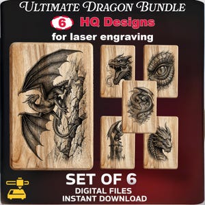 Ultimat drakepaket (6 designer) | Lasergraveringsfiler | Skifferunderlägg och tumblerkonst | Lightburn PNG-paket