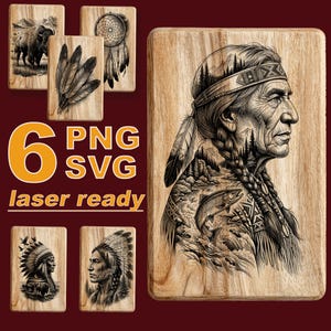 Peut inclure: Un ensemble de six plaques rectangulaires en bois présentant des illustrations à l'encre noire d'une personne amérindienne, d'un bison, de plumes, d'un attrape-rêves et d'une personne en coiffe, avec le texte 6 PNG SVG laser ready.