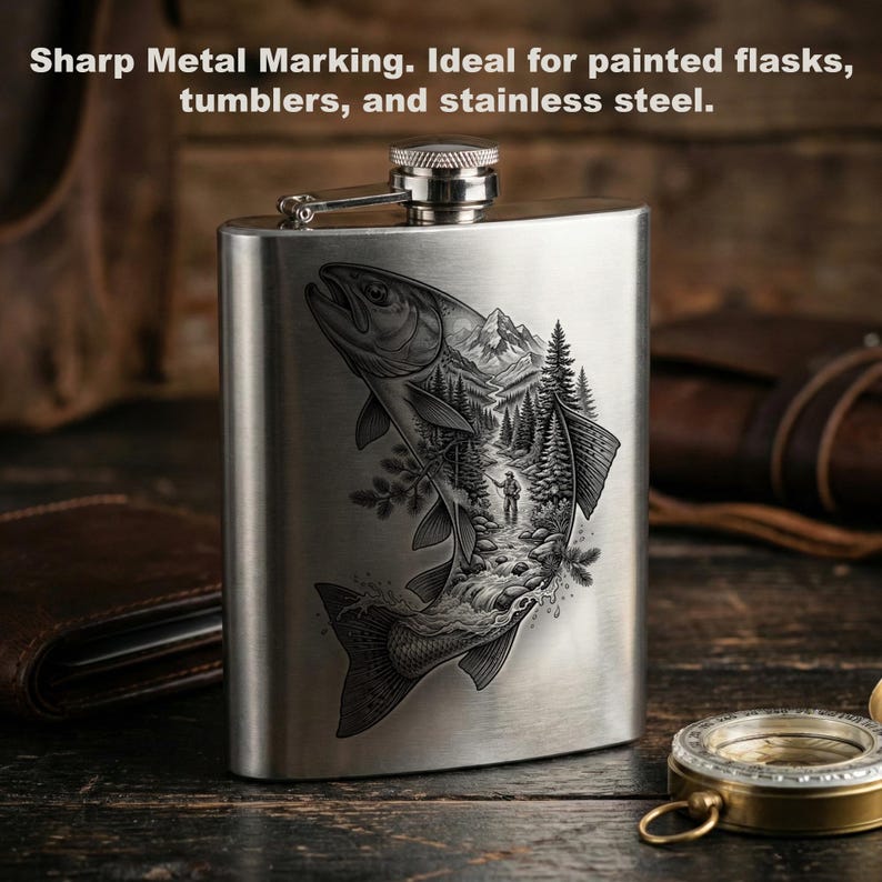 May include: A brushed stainless steel flask featuring a laser-engraved illustration of a large fish. Inside the fish silhouette is a detailed scene of a person fishing in a river surrounded by pine trees and mountains. The flask has a screw-top lid.