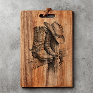 May include: Wooden cutting board with a rustic cowboy theme. The board features an engraved design of cowboy boots, a hat, and a wooden fence. The board has a handle with a rope detail and is made of natural wood.