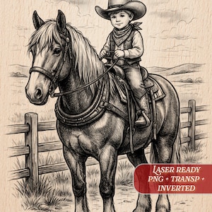 Cowboypojke och häst PNG-laserfil | Träskifferskyltunderlägg | Glowforge xTool-diod CO2-ortur | Pyrografischablon