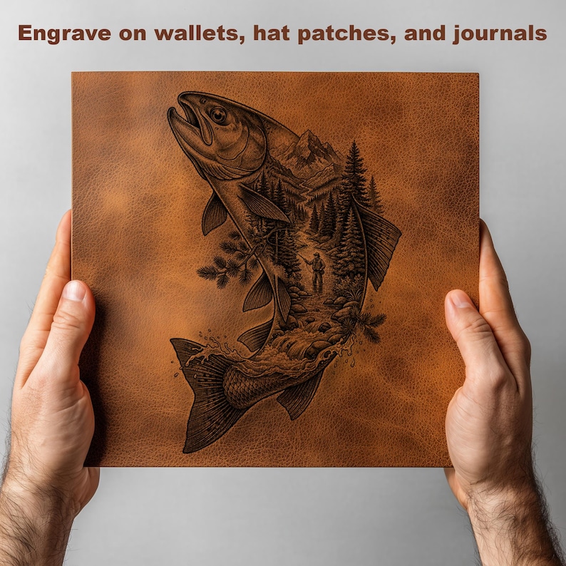May include: A square piece of tan leather featuring a dark laser-engraved illustration of a jumping fish with a forest, mountain, and angler scene inside its body. The text Engrave on wallets, hat patches, and journals is at the top.