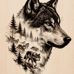 May include: A detailed black and white illustration of a wolf's head and a pack of wolves in a forest setting. The image includes the text "Burnished Lines" and "LASER READY PNG". The artwork is on a light brown background.