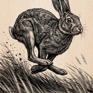 Puede incluir: Ilustración en blanco y negro de una liebre corriendo. La liebre se representa a medio paso, saltando sobre hierba alta. La imagen tiene un estilo de grabado en madera vintage, con el texto "LASER READY PNG" en la parte inferior.