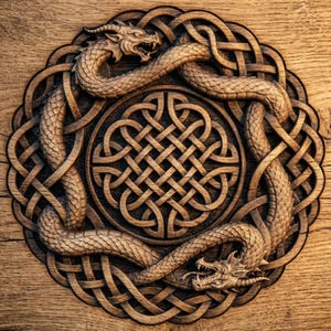 Könnte beinhalten: Runde Holzskulptur mit zwei Drachen, die ein zentrales keltisches Knotenmuster umgeben. Die Drachen haben detaillierte Schuppen und offene Münder, vor einem Hintergrund aus Holzmaserung.