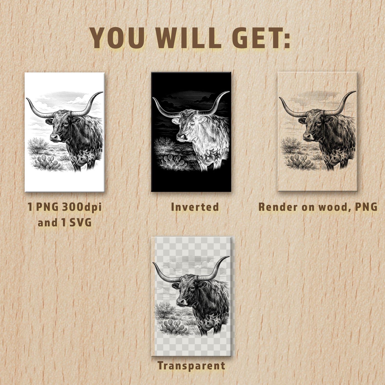 Pyrography Texas Texas Longhorn Bull Portrait | Southwest Ranch Cactus Scene | Laser ...