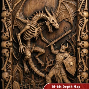 May include: A detailed wooden carving depicts a skeletal dragon battling a skeletal knight with a sword and shield. The frame is adorned with skulls and bones. The image includes the text "16-bit Depth Map Grayscale for Lightburn Inverted".