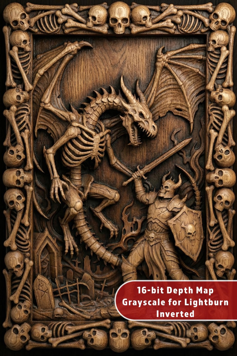 Skeleton Dragon Warrior Battle CNC Depth Map | 3D Relief Carving ...