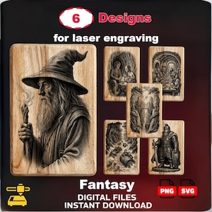 May include: Six fantasy designs for laser engraving are displayed on wooden blocks. The designs include a wizard, scenes with figures, and a knight. The words "Fantasy", "Digital Files", and "Instant Download" are also visible.