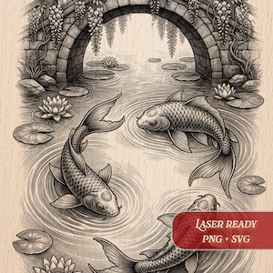 May include: A detailed black and white illustration of a koi pond scene. Three koi fish swim in a pond with lily pads and water ripples. A stone bridge with hanging wisteria is in the background. Text on the image reads "Laser Ready PNG + SVG".