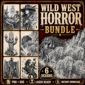 Puede incluir: Una colección digital titulada Wild West Horror Bundle que presenta seis ilustraciones en blanco y negro etiquetadas de la A a la F. Los diseños incluyen esqueletos jugando a las cartas, una mujer con caballos, un cactus y una diligencia.