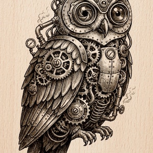 Puede incluir: Ilustración detallada de un búho steampunk. El búho está construido con engranajes, tuberías y placas de metal, con intrincados detalles mecánicos. La obra de arte está en tonos de gris y negro, sobre un fondo claro de vetas de madera.