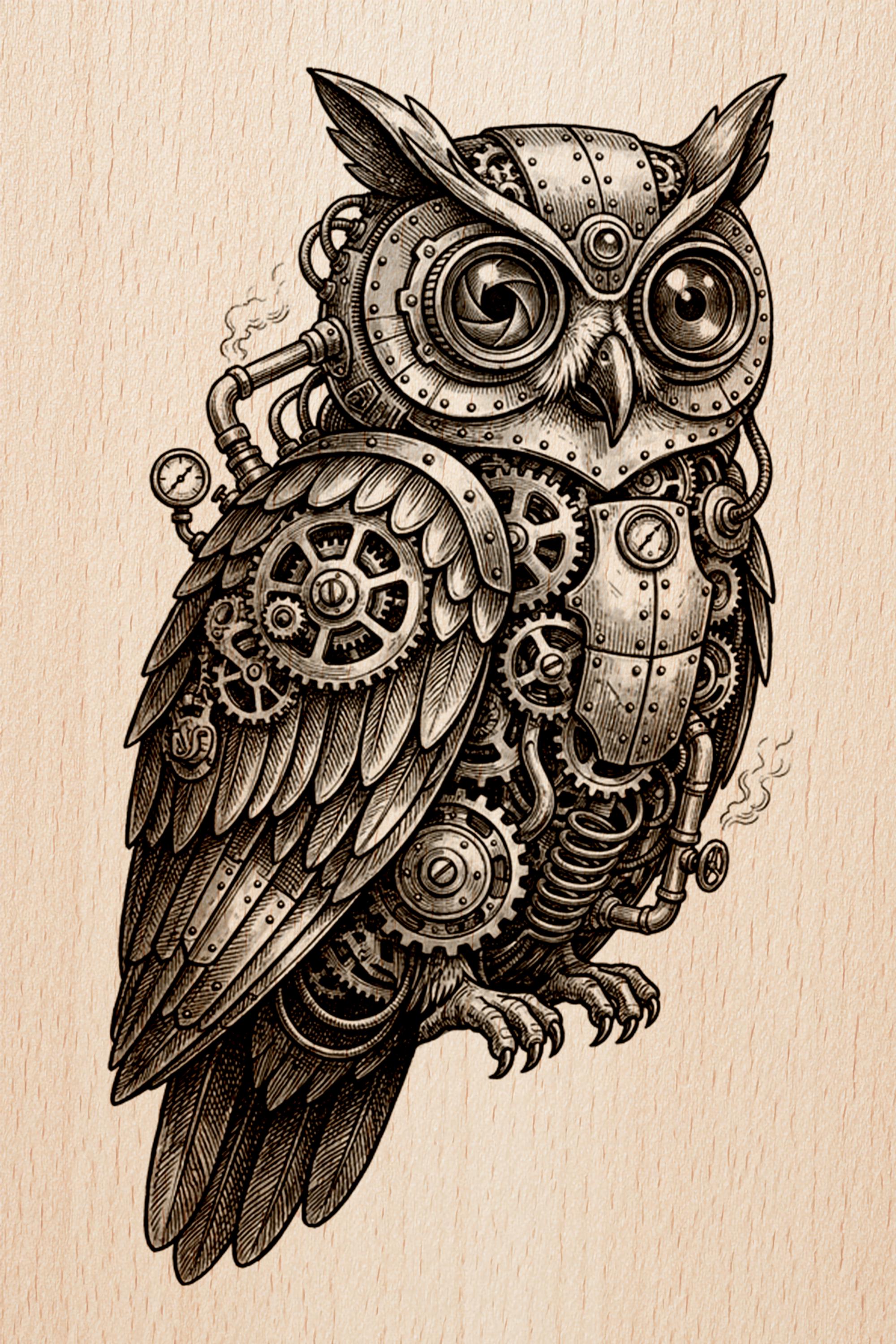 Steampunk Owl Engraving | Mechanical Gear Bird Art | Industrial Style Laser File | PNG JPG