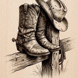 May include: A monochrome illustration of cowboy boots and a hat on a wooden fence post. The boots feature detailed floral patterns and spurs. The hat is worn, and a rope hangs down. The image has a vintage, rustic style.