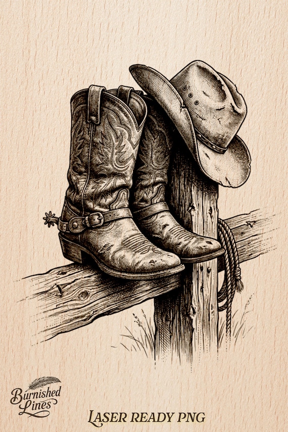 Western Cowboy Boots & Hat | Rustic Wood Engraving | Pyrography Stencil | Laser Cut File