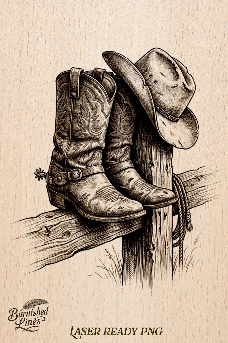 May include: An illustration of cowboy boots and a hat resting on a wooden fence post. The boots have intricate floral designs and spurs. The hat is weathered, and a rope hangs nearby. The image has a vintage, rustic aesthetic.
