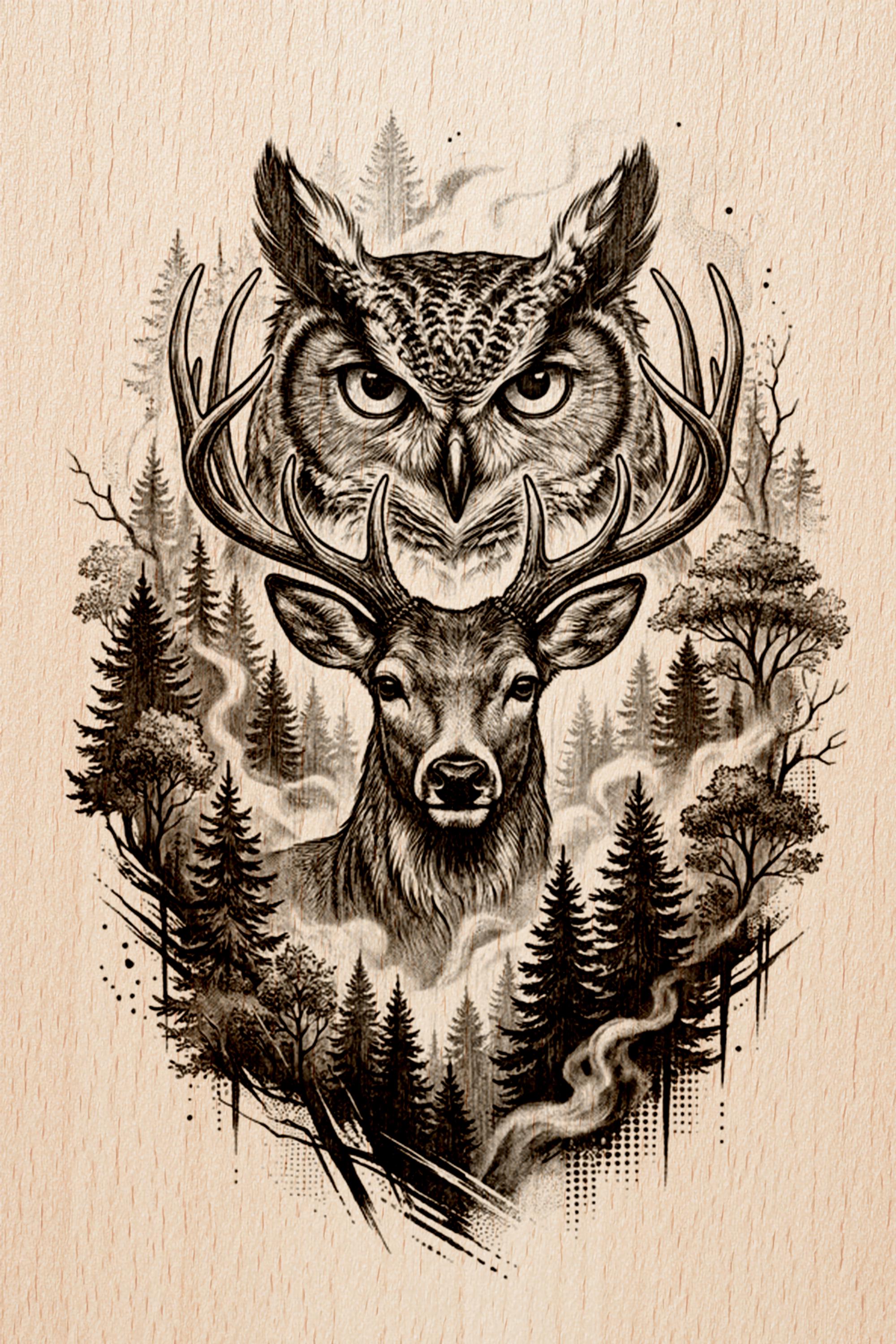 Owl & Stag Forest Art | Wildlife Wall Decor | Laser Engraving File | Wood Burn PNG