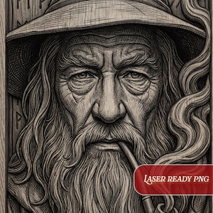 Op de afbeelding: Gedetailleerde houtsnijwerk van een oude man met een lange baard, hoed en pijp. De afbeelding is omlijst met gesneden houten randen en bevat tekst in de bovenhoeken. De tekst "LASER READY PNG" staat in een rode banner.